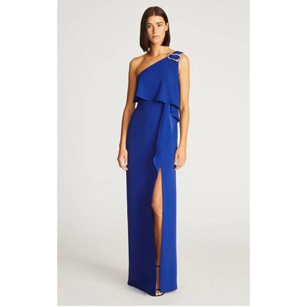 Halston Prussian Blue Joelle One-Shoulder Fluid Crepe Gown Size 2 NWT